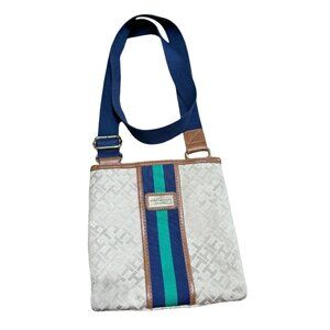 Y2K Tommy Hilfiger Crossbody Purse Handbag Bag Tan Blue Strap 8"X 7.5"